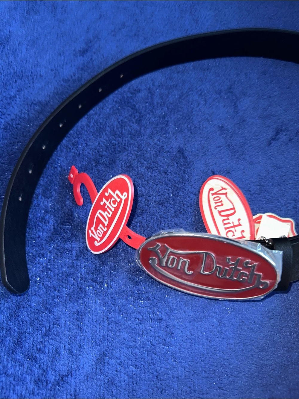 Von Dutch Womens Logo Belt Size Small S Black Red Silver Logo Buckle NWT